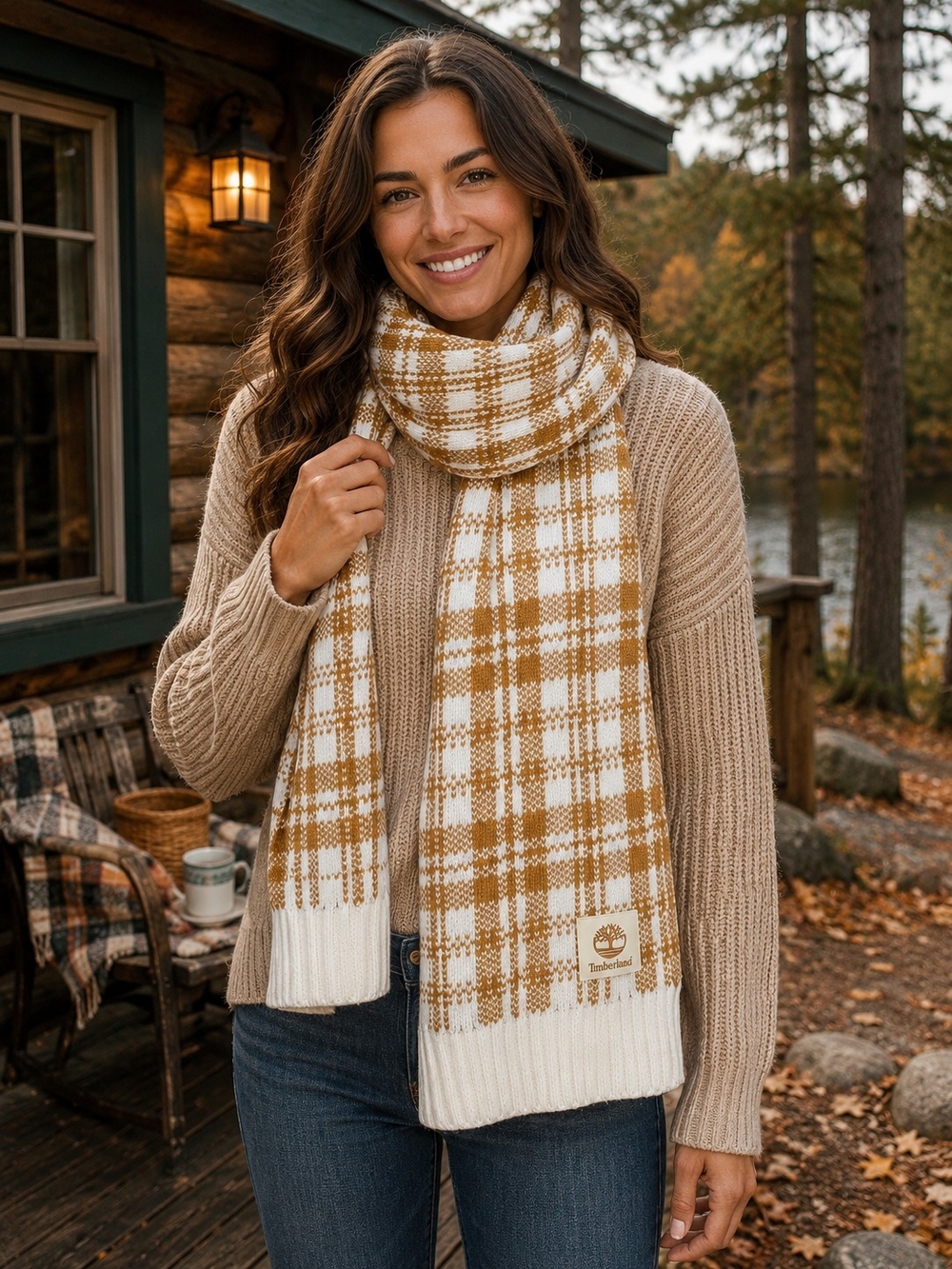 Timberland Plaid Knit Scarf Camel Cream Cozy Fall Winter OS